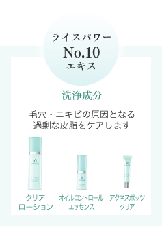 ライスパワーNo.10エキス 洗浄成分 毛穴・ニキビの原因となる過剰な皮脂をケアします クリアローション・オイルコントロールエッセンス・アクネスポッツクリア