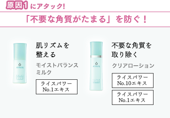原因1にアタック! 「不要な角質がたまる」を防ぐ! 美肌バリアを整える モイストバランスミルク ライスパワーNo.1エキス 不要な角質を取り除く クリアローション ライスパワーNo.10エキス ライスパワーNo.1エキス