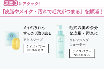 原因3にアタック!
「皮脂やメイク・汚れで毛穴がつまる」を解消! メイク汚れもきちんと落とす アクネソープ ライスパワーNo.3エキス 毛穴の奥の余分な皮脂・汚れに クレンジングウォーター ライスパワーNo2エキス