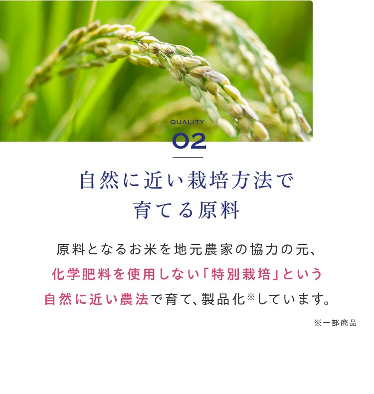 QUALITY02自然に近い栽培方法で育てる原料原料となるお米を地元農家の協力の元、化学肥料を使用しない「特別栽培」という自然に近い農法で育て、製品化※しています。