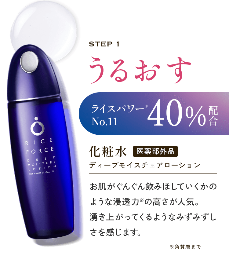 STEP1 うるおす ライスパワー® No.11 40%配合 化粧水 医薬部外品 ディープモイスチュアローション お肌がぐんぐん飲みほしていくかのような浸透力※の高さが人気。湧き上がってくるようなみずみずしさを感じます。※角質層まで