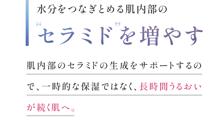 水分をつなぎとめる肌内部のセラミドを増やす肌内部のセラミドの生成をサポートするので、一時的な保湿ではなく、長時間うるおいが続く肌へ。