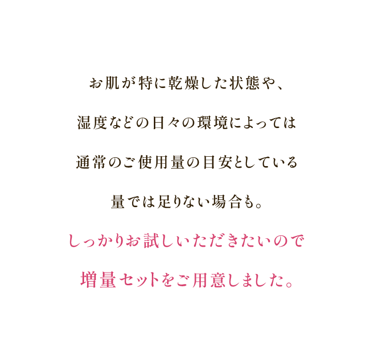 お肌が特に乾燥した状態や、湿度などの日々の環境によっては通常のご使用量の目安としている量では足りない場合も。しっかりお試しいただきたいので増量セットをご用意しました。