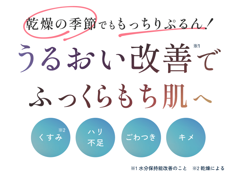 乾燥の季節でももっちりぷるん！うるおい改善でふっくらもち肌へ くすみ・ハリ不足・ごわつき・キメ ※1 水分保持能改善のこと　※2 乾燥による