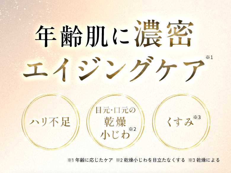 年齢肌に濃密エイジングケア ハリ不足 目元・口元の乾燥小じわ くすみ ※1 年齢に応じたケア  ※2 乾燥小じわを目立たなくする  ※3 乾燥による