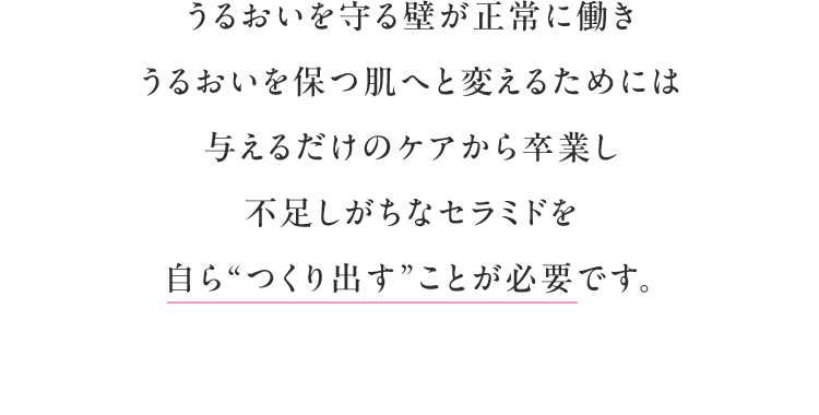 うるおいを守る壁が正常に働きうるおいを保つ肌へと変えるためには与えるだけのケアから卒業し不足しがちなセラミドを自ら“つくり出す”ことが必要です。