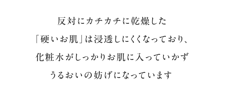 反対にカチカチに乾燥した「硬いお肌」は浸透しにくくなっており、化粧水がしっかりお肌に入っていかずうるおいの妨げになっています