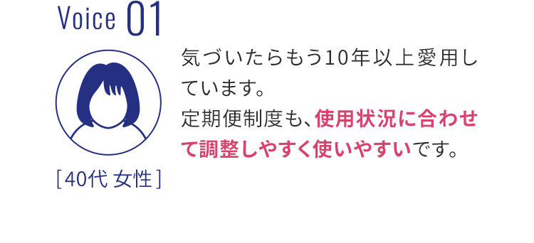 Voice 01 気づいたらもう10年以上愛用しています。定期便制度も、使用状況に合わせて調整しやすく使いやすいです。