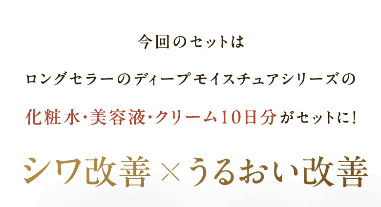 今回のセットは ロングセラーのディープモイスチュアシリーズの 化粧水・美容液・クリーム10日分がセットに！ シワ改善xうるおい改善